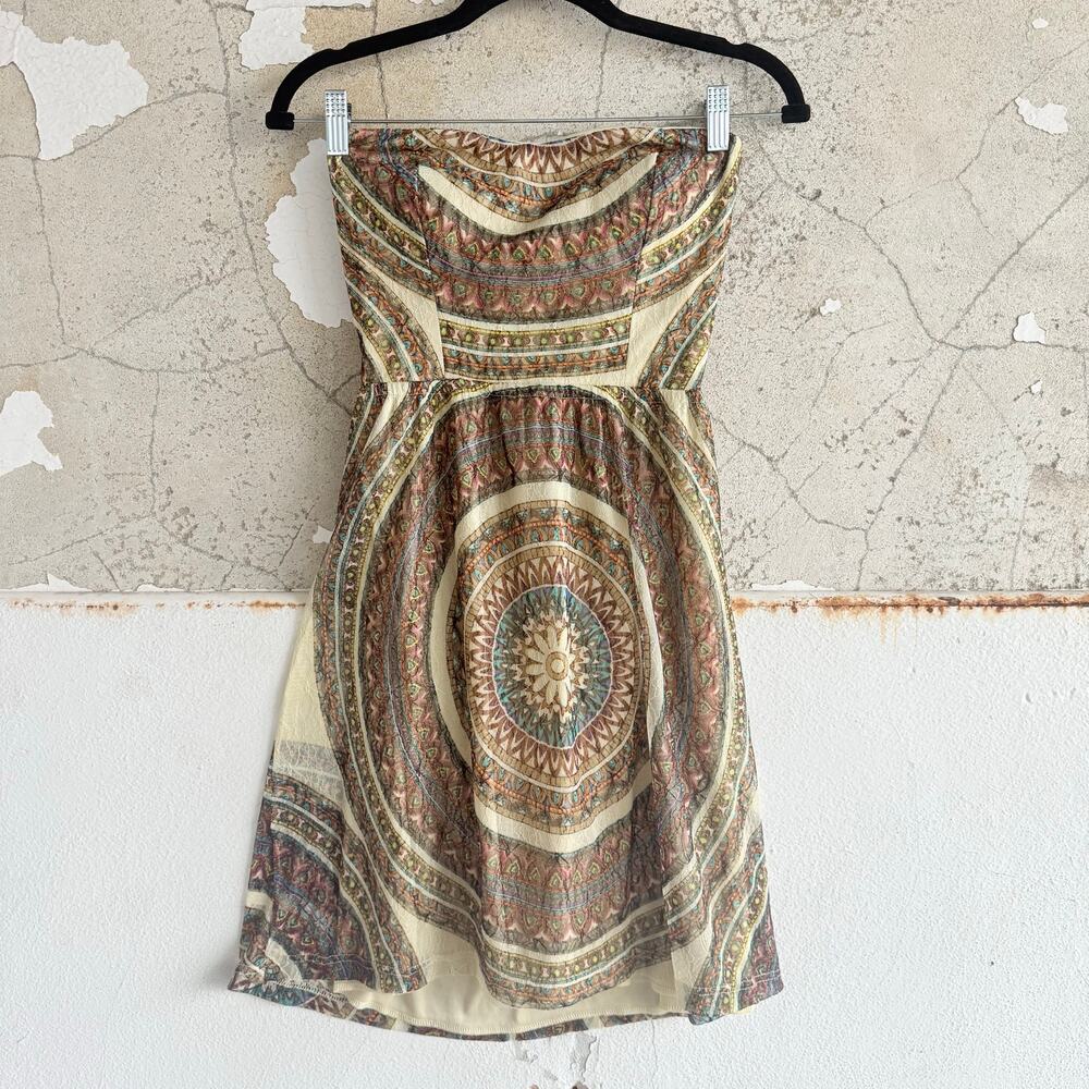 Boho Y2K Strapless Dress Mandala Medallion Print Festival Tube Mini Womens‎ M